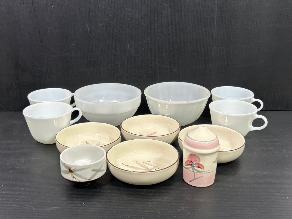 2 White Fire King Bowls, 4 White Pyrex Mugs, 4 Matching Bowls, Dragonfly Bowl & Other