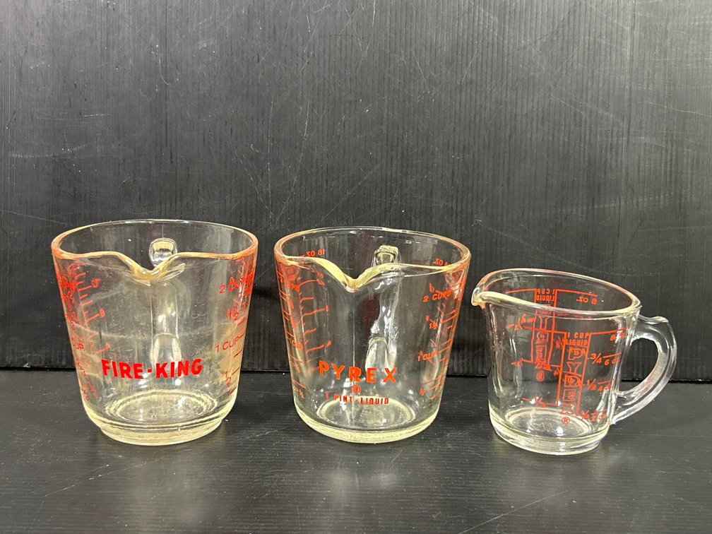 3 Glass Measuring Cups- 2 are Pyrex, One is Fire King