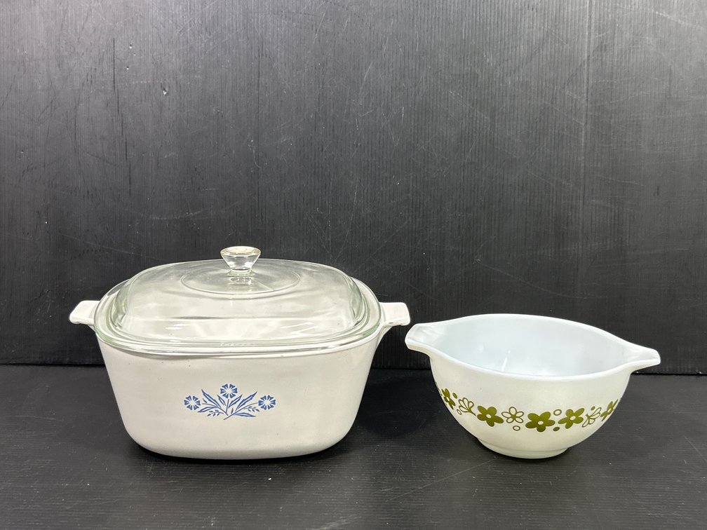 Corning Ware Cornflower Lidded Casserole, Pyrex Green Daisy Print Handled Bowl