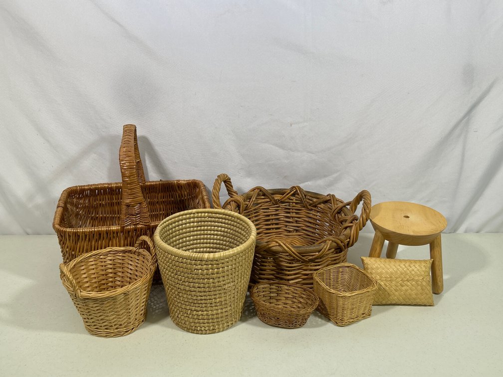 Baskets Lot and Small Wooden 3-Legged Plant Stand