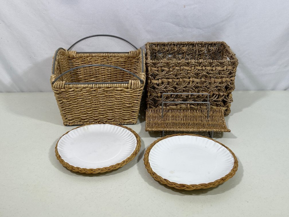 3 Woven Baskets and 2 Woven Paper Plate Holders