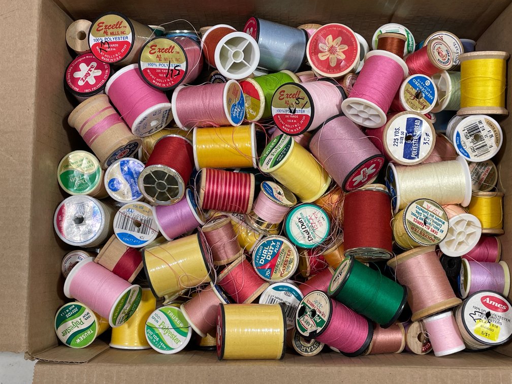 Box Full of Assorted Thread Spools