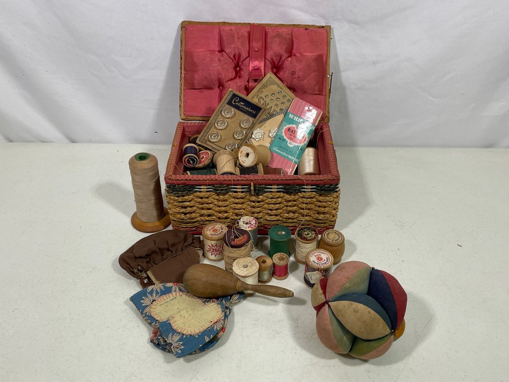 Vintage Woven Sewing Basket with Pin Cushion, Darning Egg, Needle Cases, Threads, Etc.