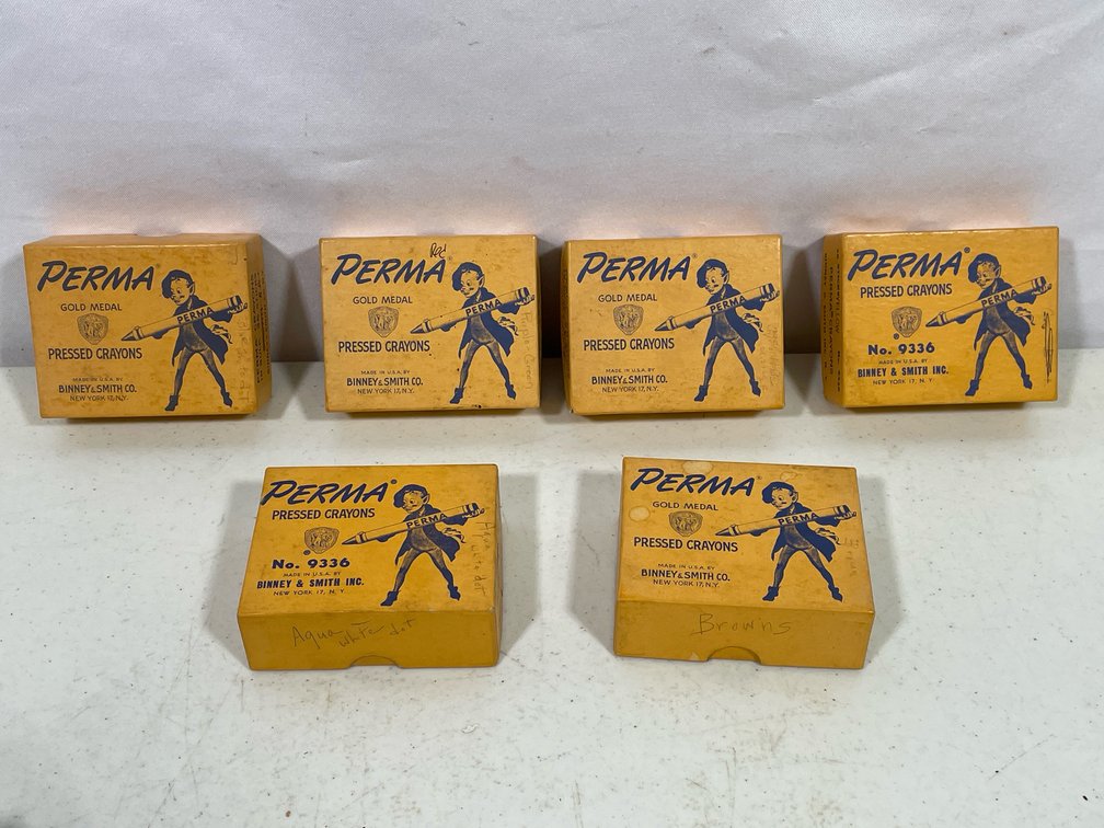 6 Vintage Perma Crayon Boxes Full of Buttons, Sorted According to Color