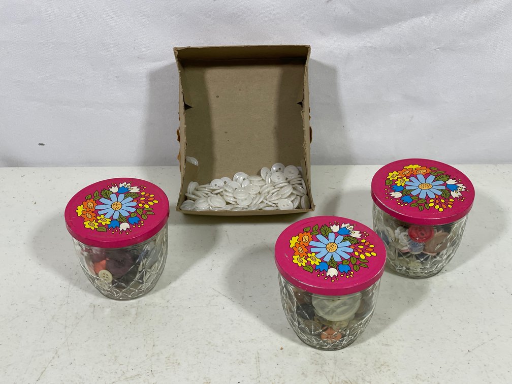 3 Jelly Jars with Tin Lids and Small Box Full of Assorted Buttons