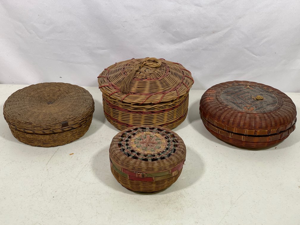 4 Vintage Lidded Woven Baskets