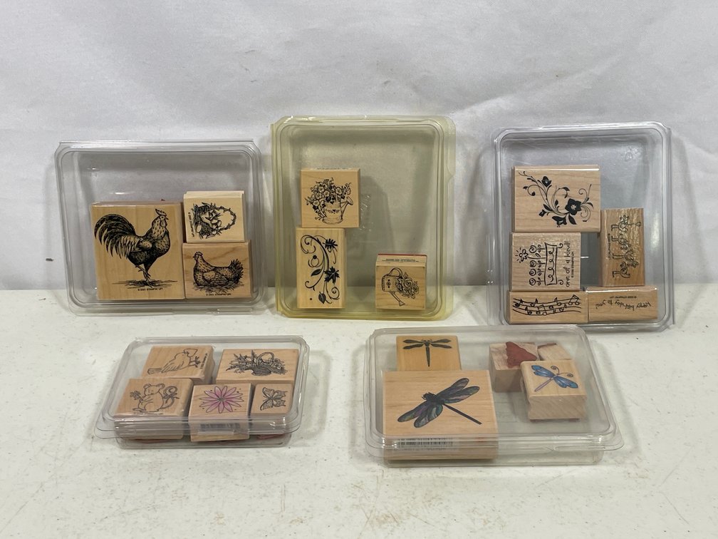 5 Sets of Rubber Stamps- Chickens, Dragonflies, Flowers, Designs