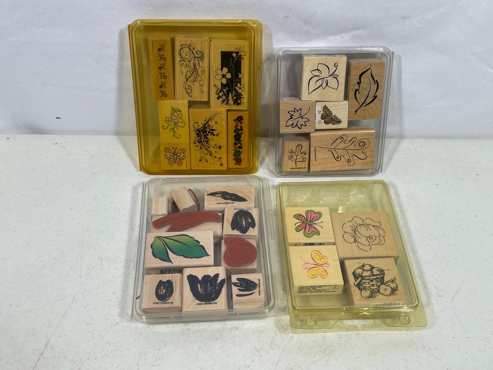 4 Sets of Rubber Stamps- (2) Leaves, Butterflies/Flowers, Designs