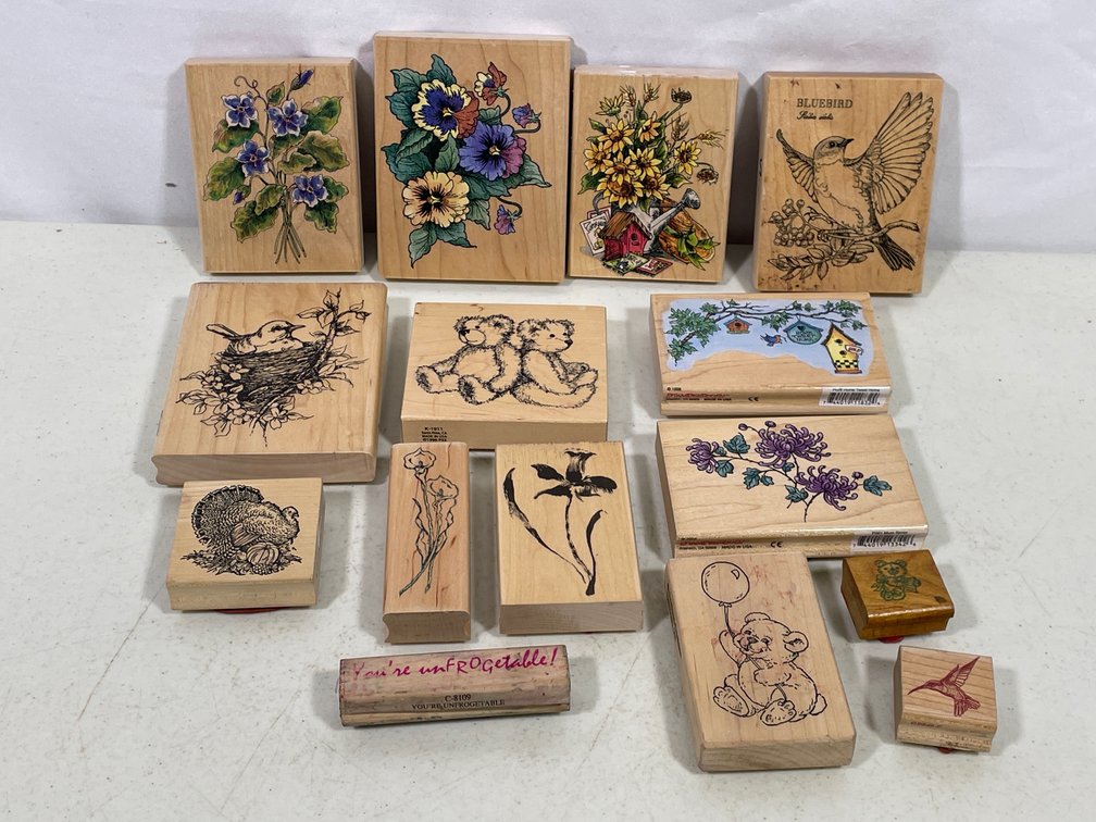 15 Assorted Rubber Stamps- Florals, Birds, Birdhouses, More