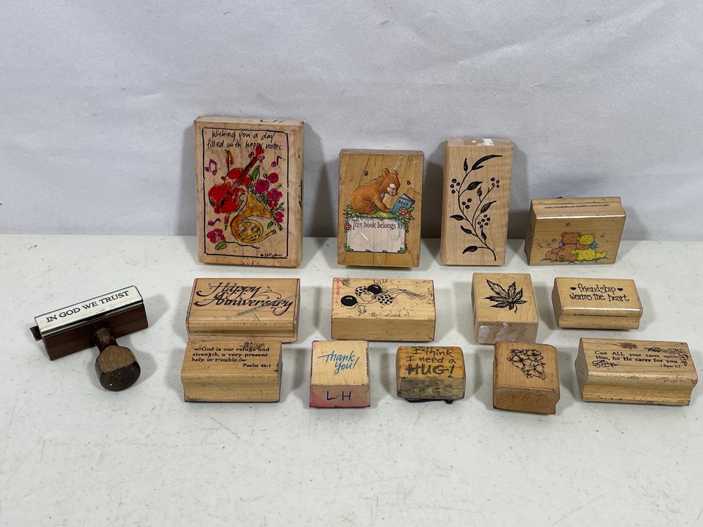 14 Assorted Rubber Stamps- Sentiments, Leaves, Book Plate, More