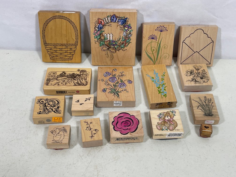 16 Assorted Rubber Stamps- Florals, Baskets, Teddy Bear, More