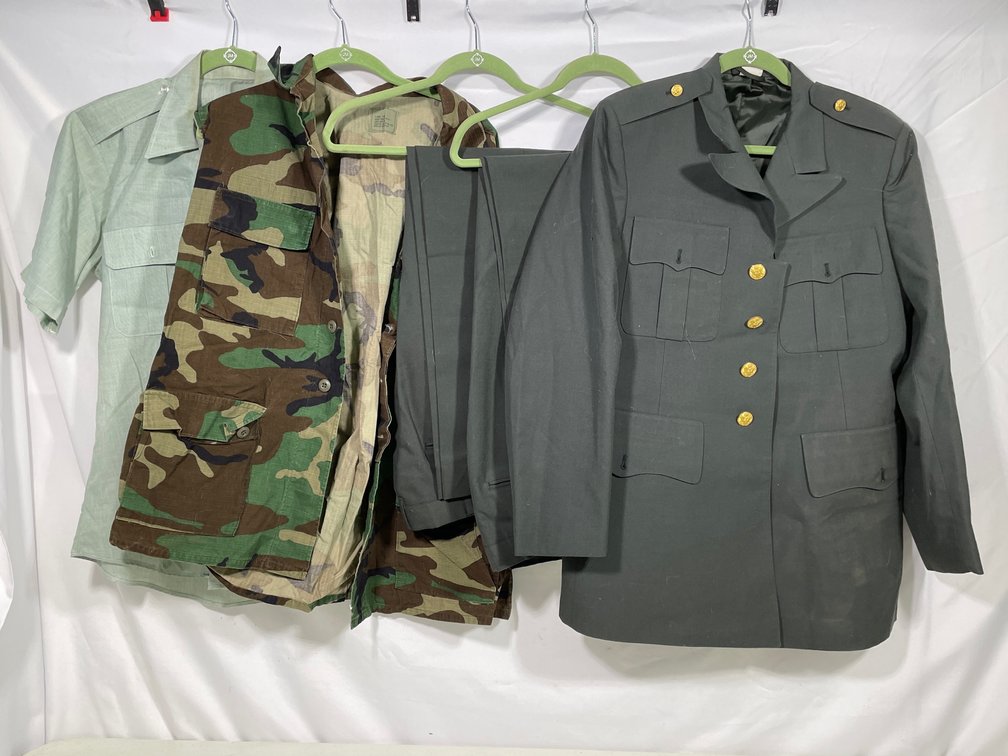 Men's Clothing Lot- Military Uniform with 2 Pants, Camo Shirt, Green Shirt