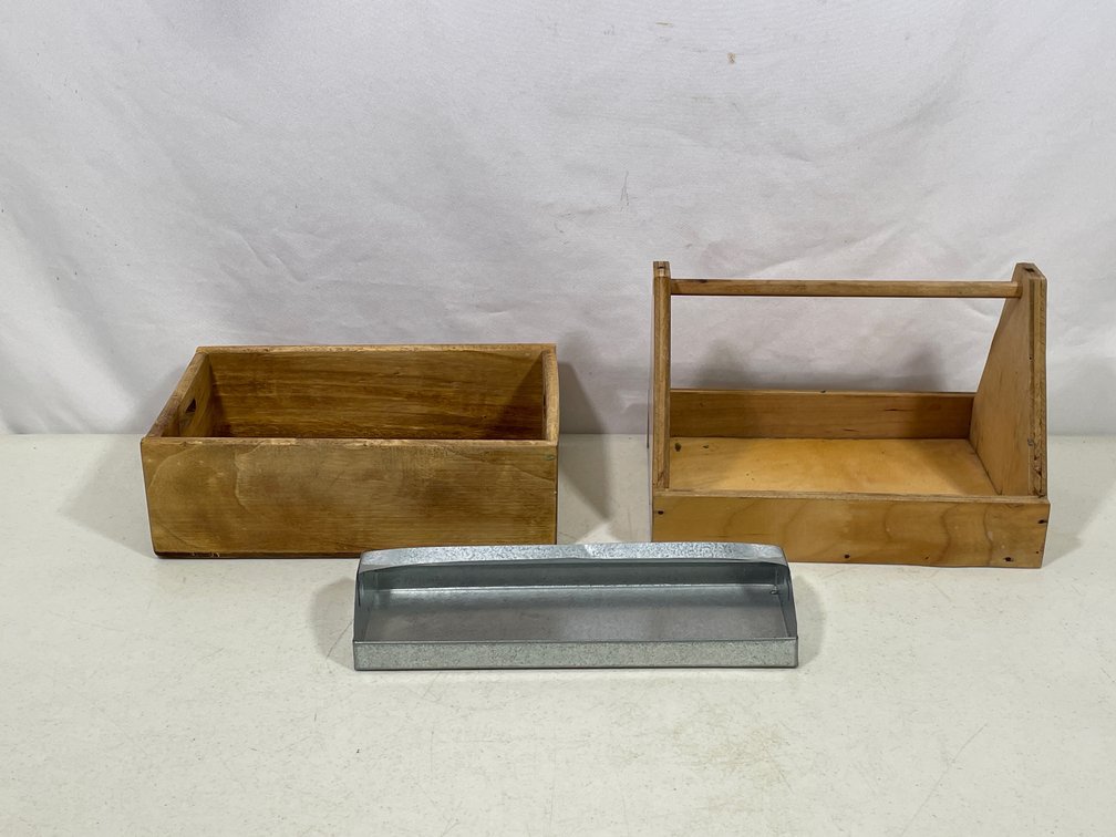 Wooden Handled Caddy, Wooden Box and Shallow Metal Tray
