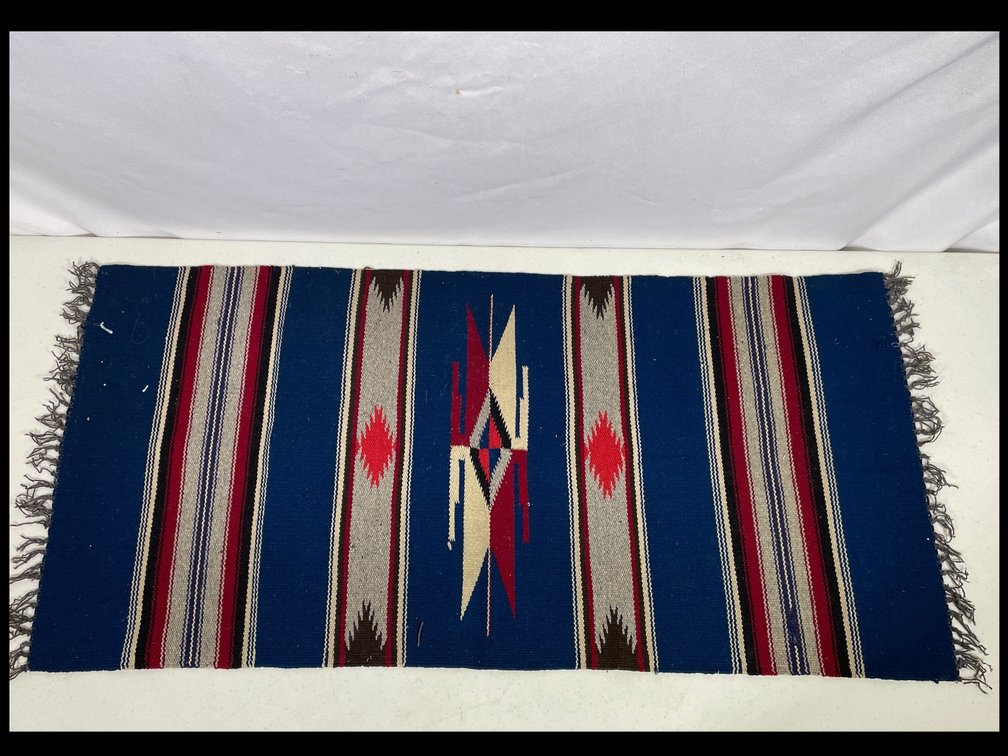 Woven Rug in Cream, Gray, Red, Blue, Black with Fringed Ends