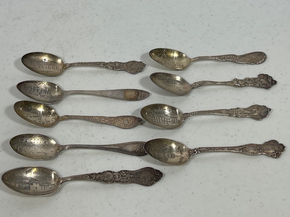 9 Sterling Souvenir Tea Spoons, 5.19 ozt total