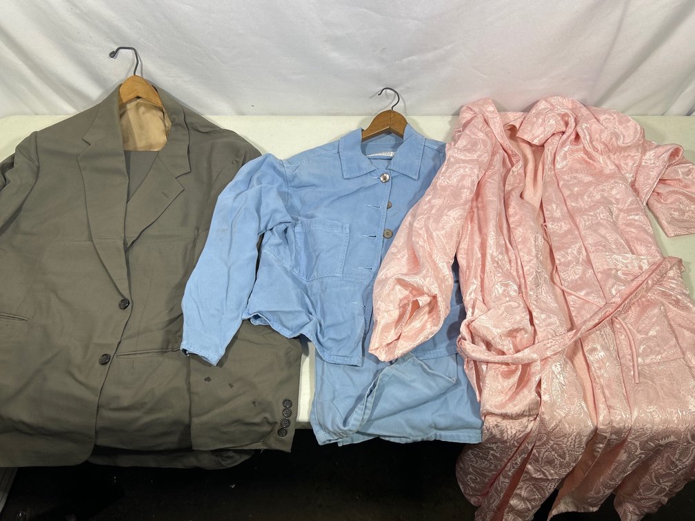 Man's Suit Jacket & Pants, Lady's Robe and Blue Top/Pants Set