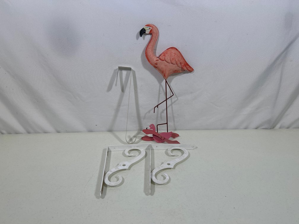 Flamingo Garden Stake and Whirlygig, Pair of White Brackets