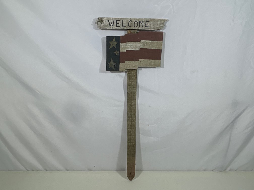 Wooden Yard Stake- "Welcome" over Waving Flag