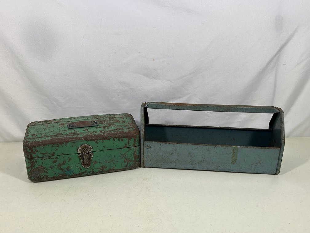Green Metal Tool Box and Blue Metal Tool Caddy