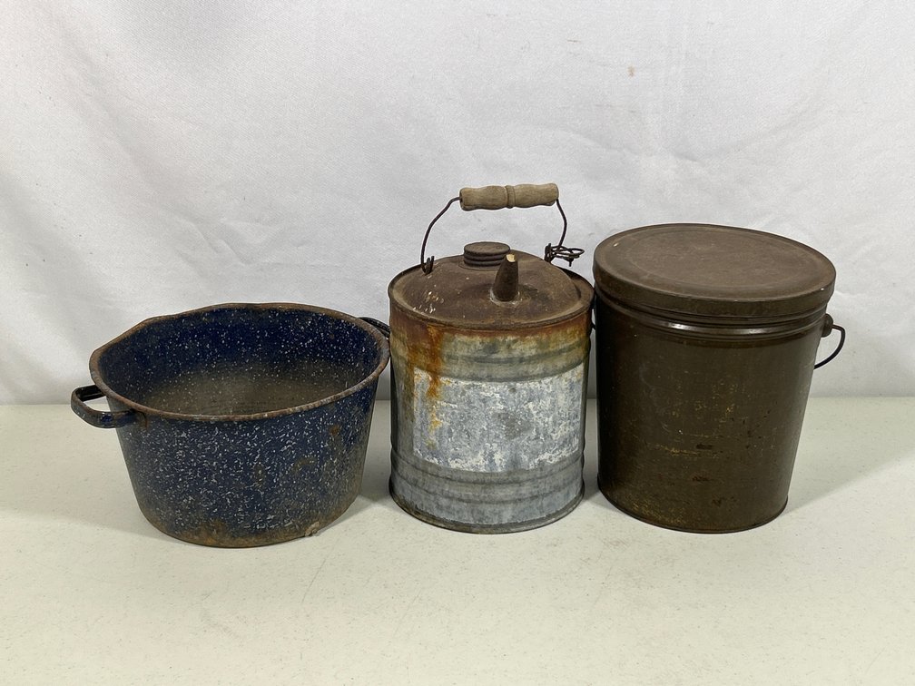 Blue Double Handled Enamelware Pot, Metal Gas Can, Tin Lard Can with Lid