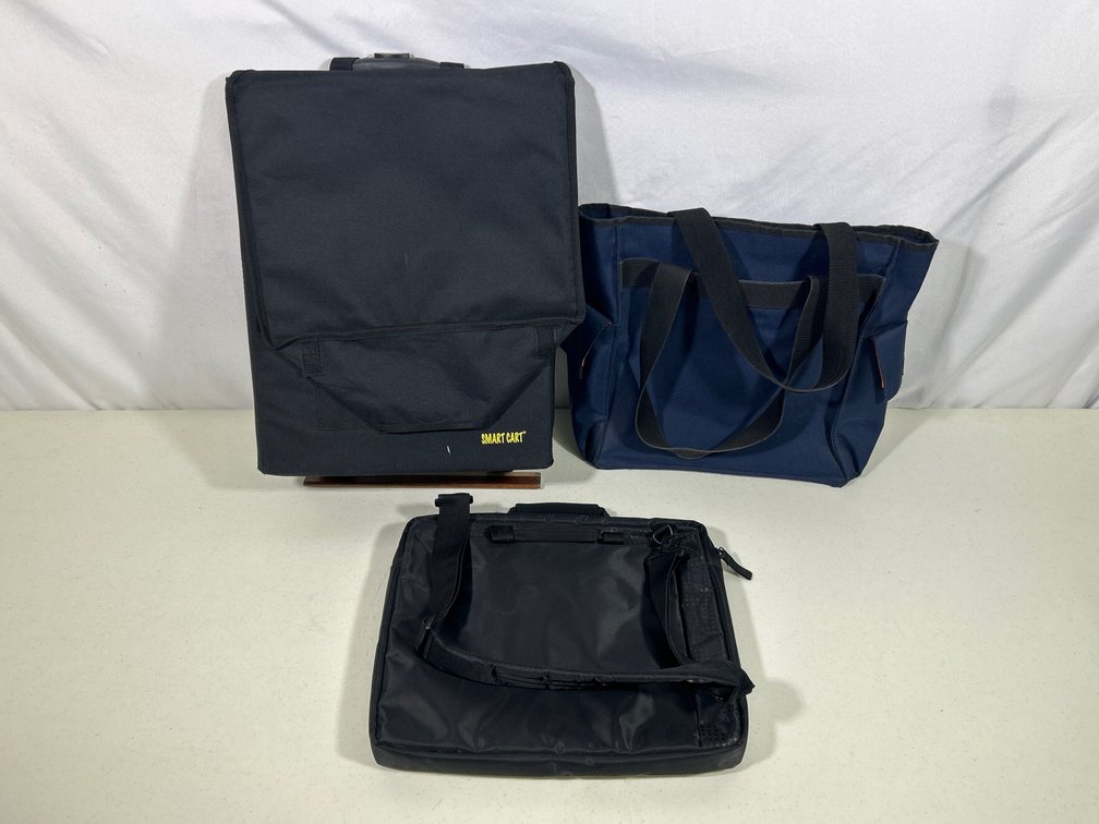 2 Black Tote Bags and Black Smart Cart Rolling Bag