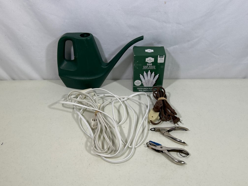 Watering Can, 100 Mini Light Set, Extension Cords, Hole Punch, Pet Nail Trimmer,