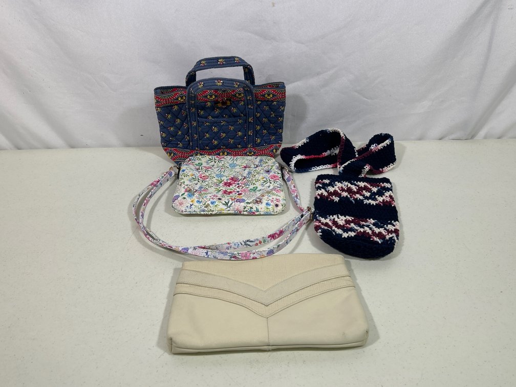 Lady's Handbags Lot- Quilted, White Clutch, Floral Shoulder Bag, Crocheted Bag