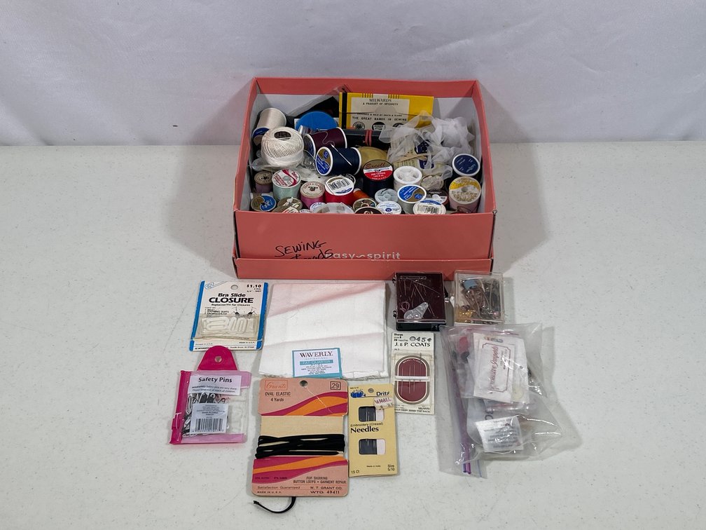 Box with Sewing Notions- Threads, Needles, Safety Pins, Elastic, Fabric, More
