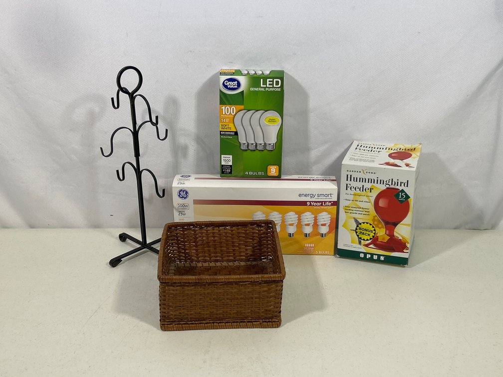 Basket, Metal Mug Rack, Hummingbird Feeder (New), 2 Boxes New Light Bulbs