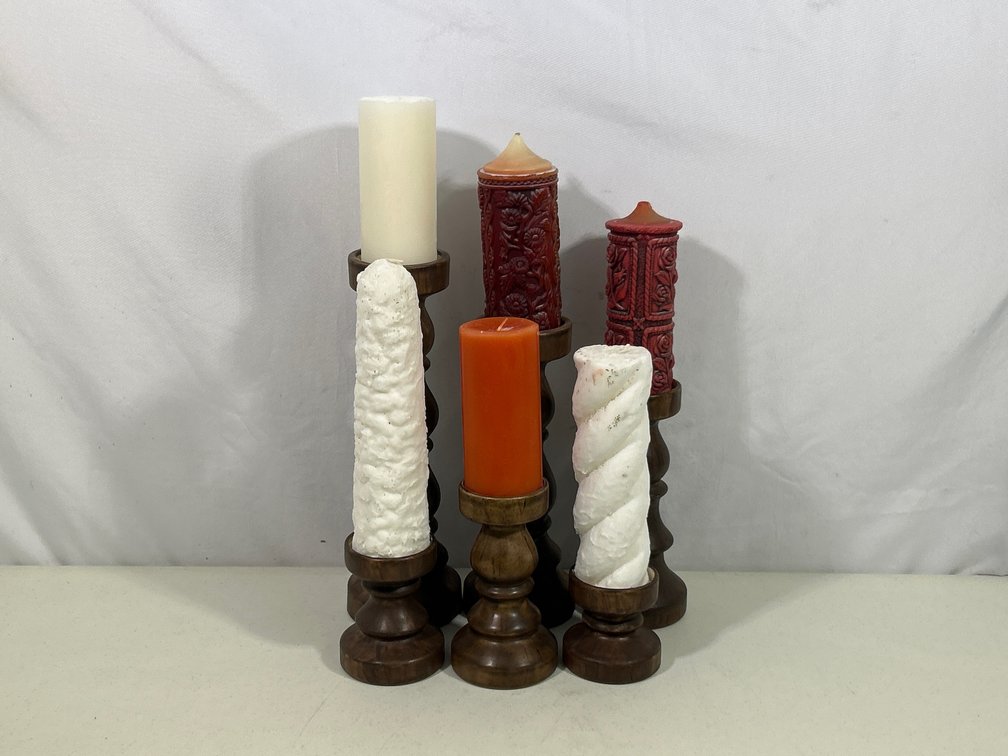 6 Ceramic Candle Holders, Each with Pillar Candles