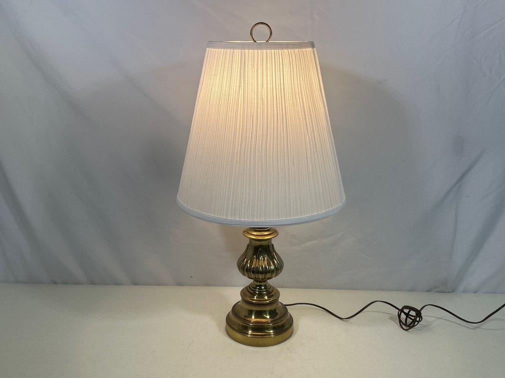 Brass Base Table Lamp with White Pleated Shade