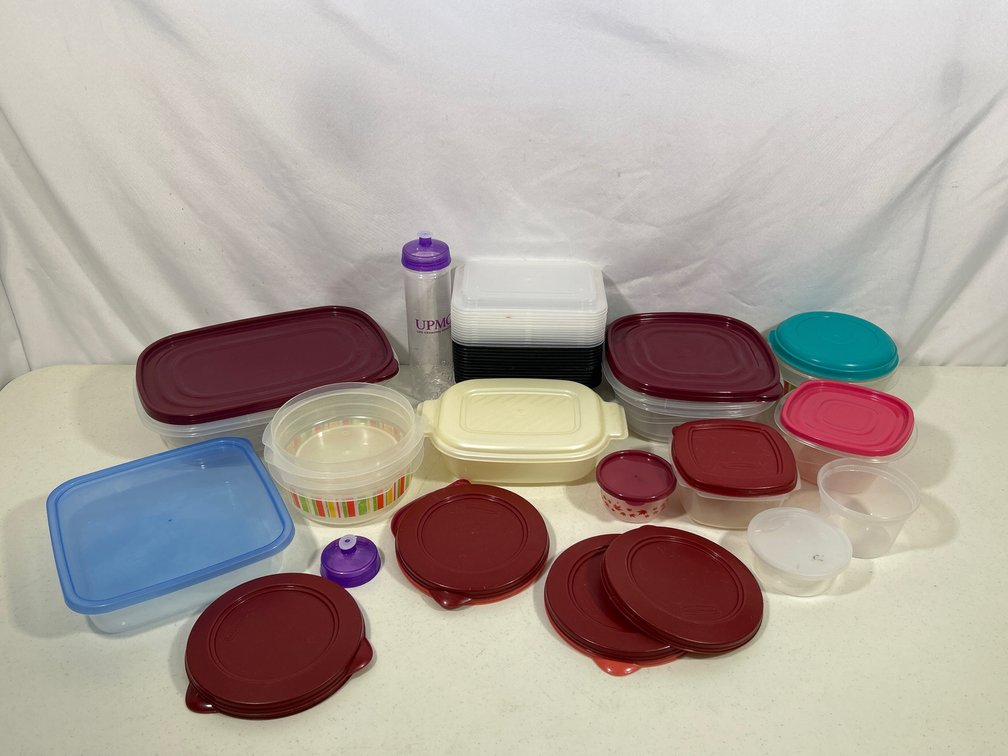 Assorted Plastic Food Storage Containers, UPMC Water Bottle