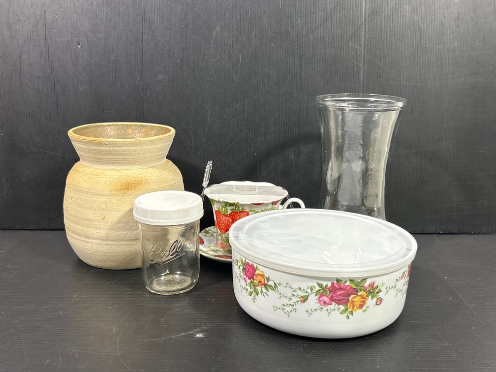 Pottery Vase, Ball Jar, Glass Vase, Strawberry Cup & Saucer, Floral Nesting Bowls w/ Lids