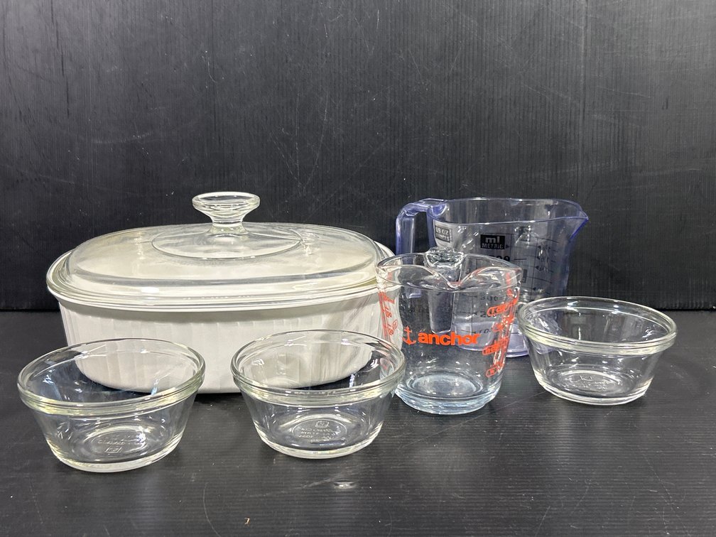 Corning Ware Lidded Casserole, Glass Measuring Cups, 3 Anchor Hocking Custard Cups