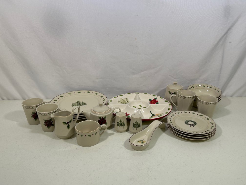 Merry Brite Christmas Partial Dinnerware Service and Multi-Well Serving Platter