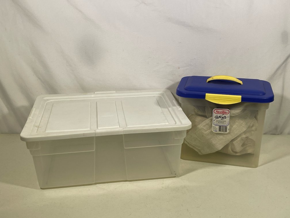 2 Plastic Storage Totes- White Lid and Blue/Yellow Lid with Bags