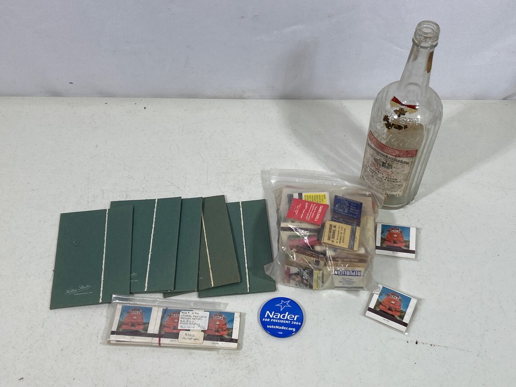 Kelley Studios Folders, Western Maryland RR & Other Matches, Nader Pin, Whiskey Bottle