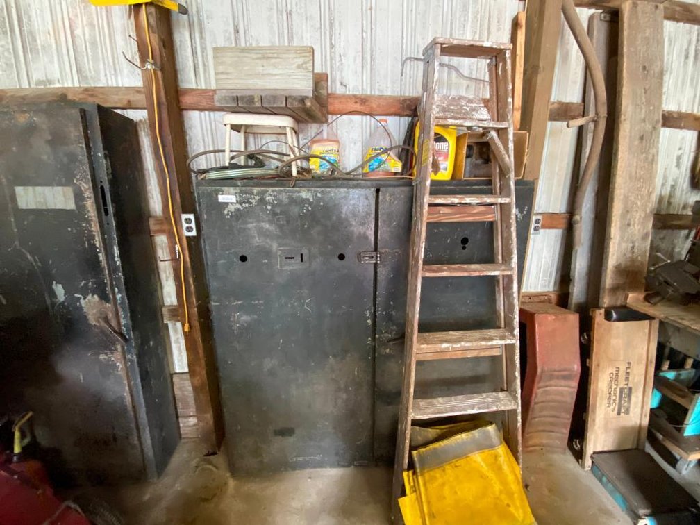 Metal Cabinet, step ladder, tarps, rainx