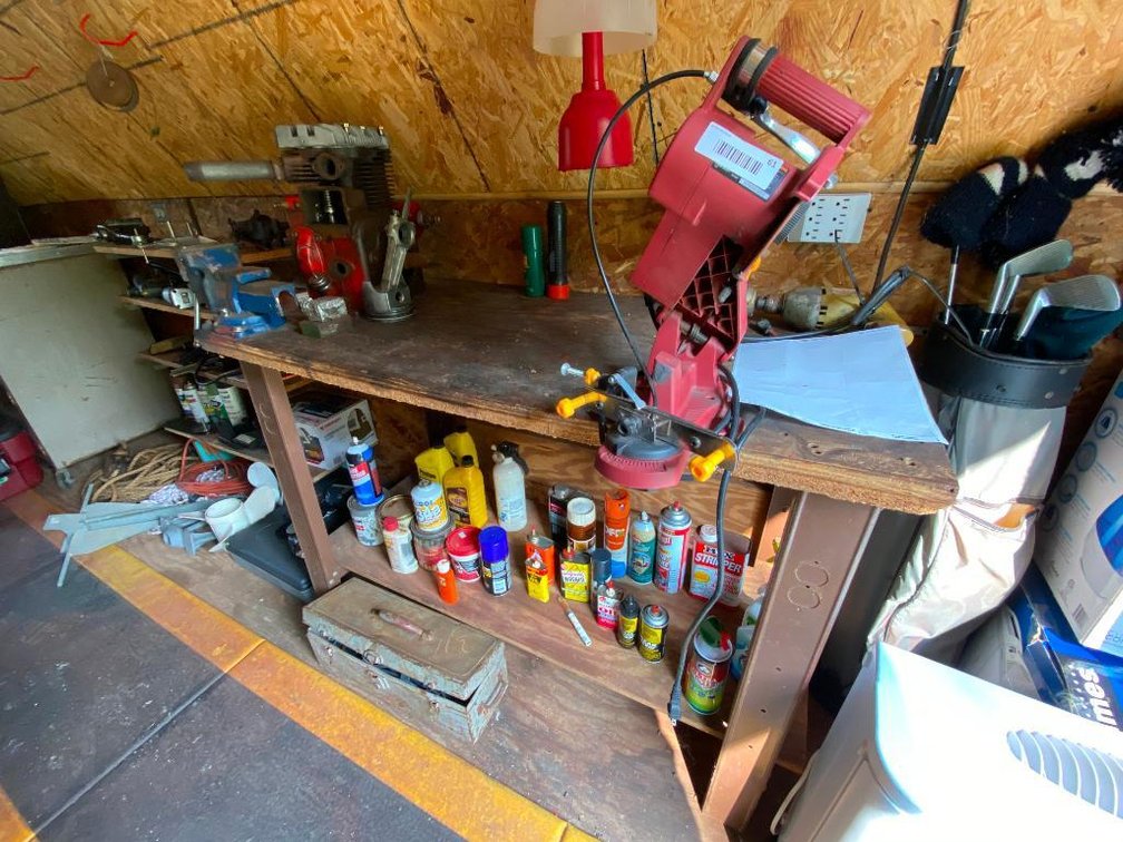 Tile cutter, vice, bench and contents