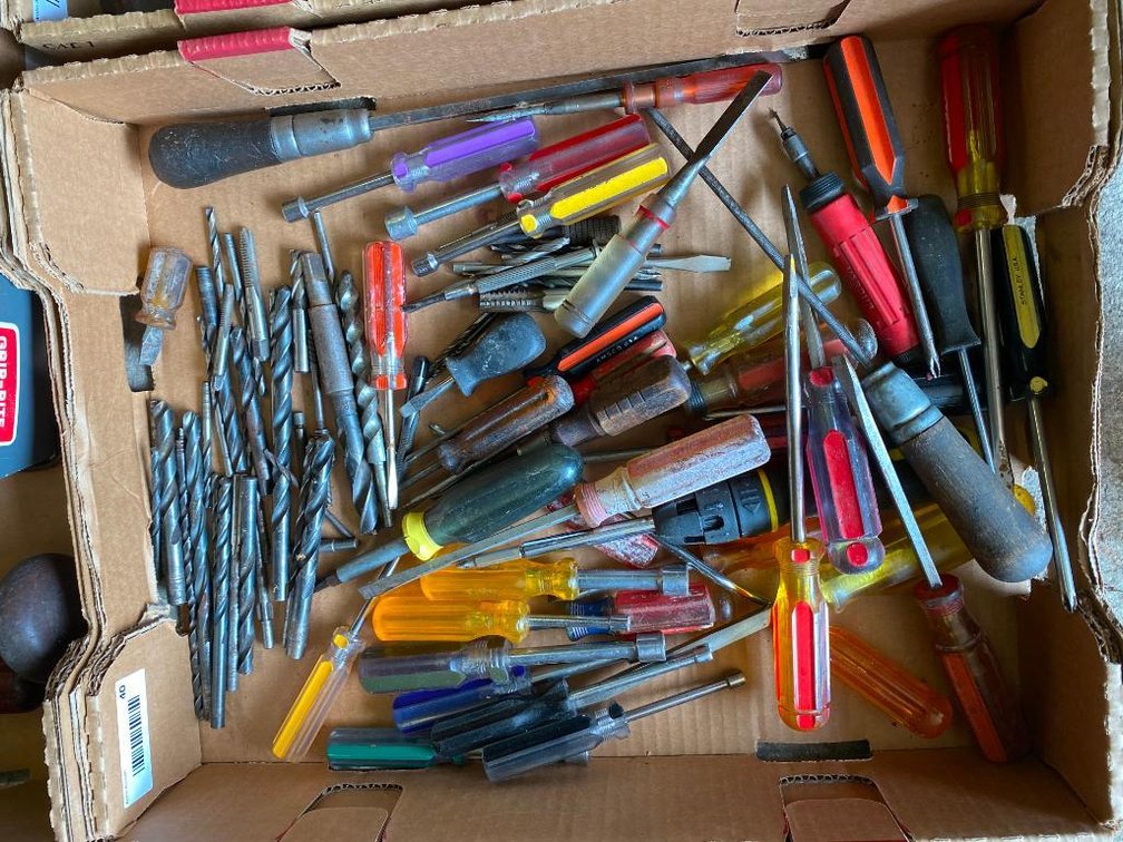 Box of drill bits, screw drivers, nut drivers