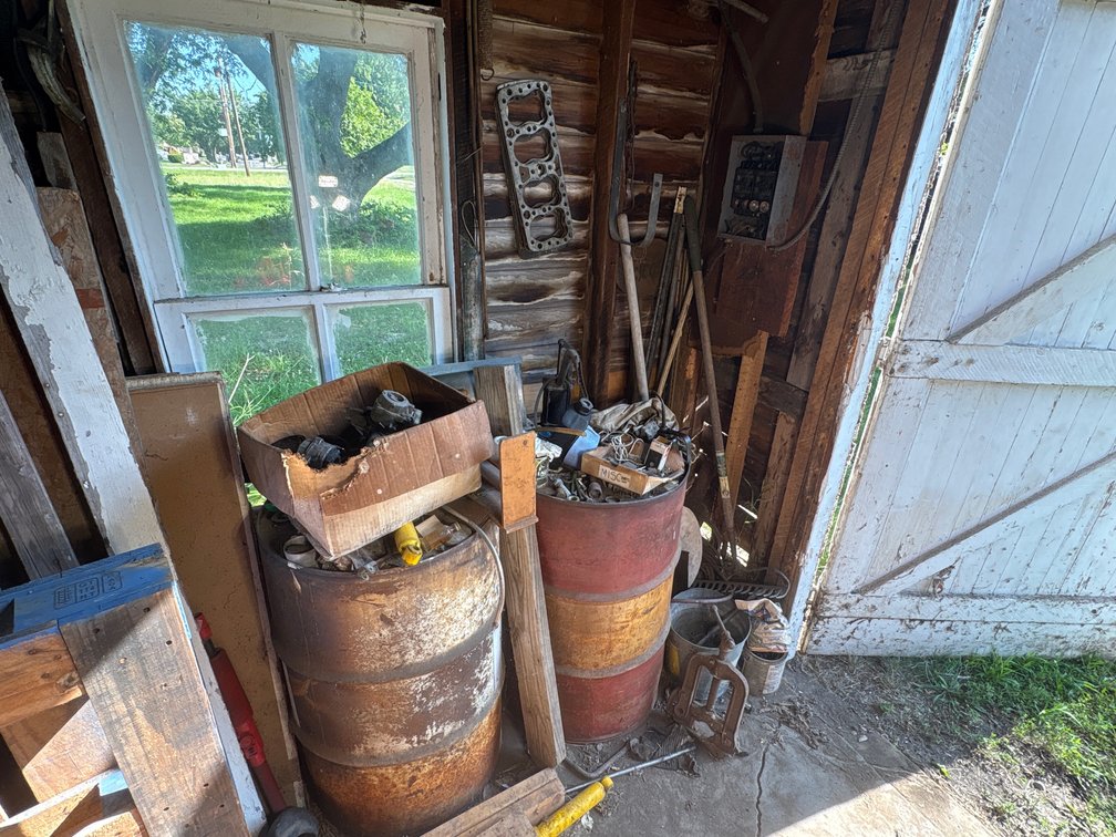 55-Gallon Metal Drums and Assorted Automotive Parts