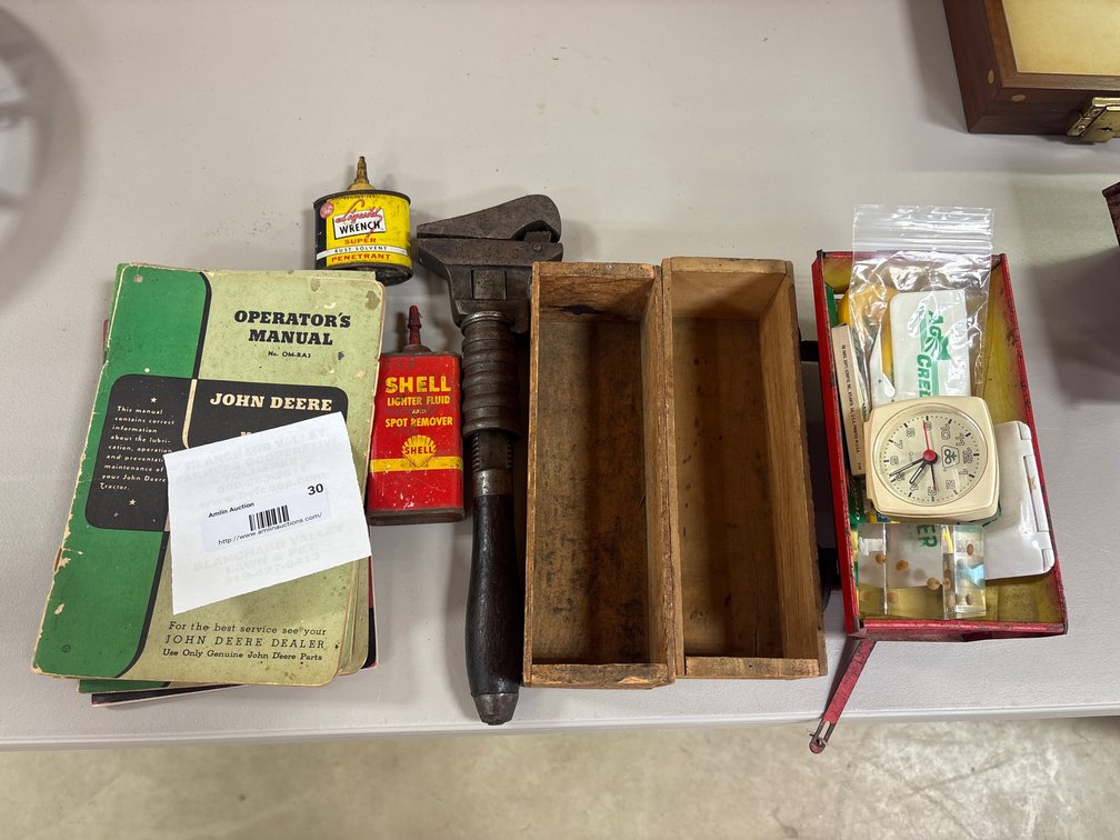 Vintage John Deere Manual, Wrench, Tins & Tru Scale Trailer