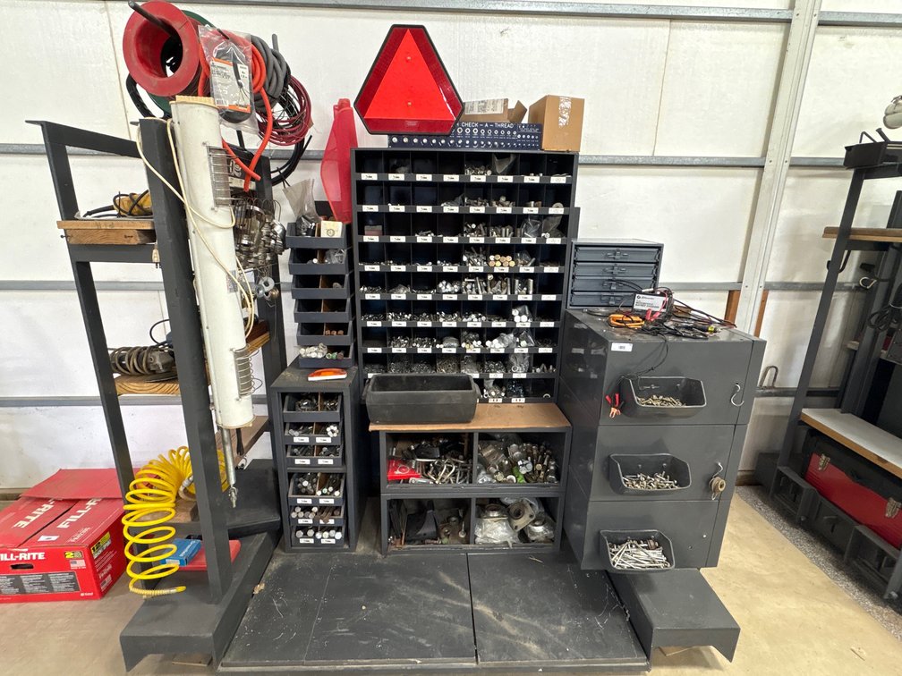 Assorted Shop Hardware Bins, Power Tools & Tungsten Tap Set