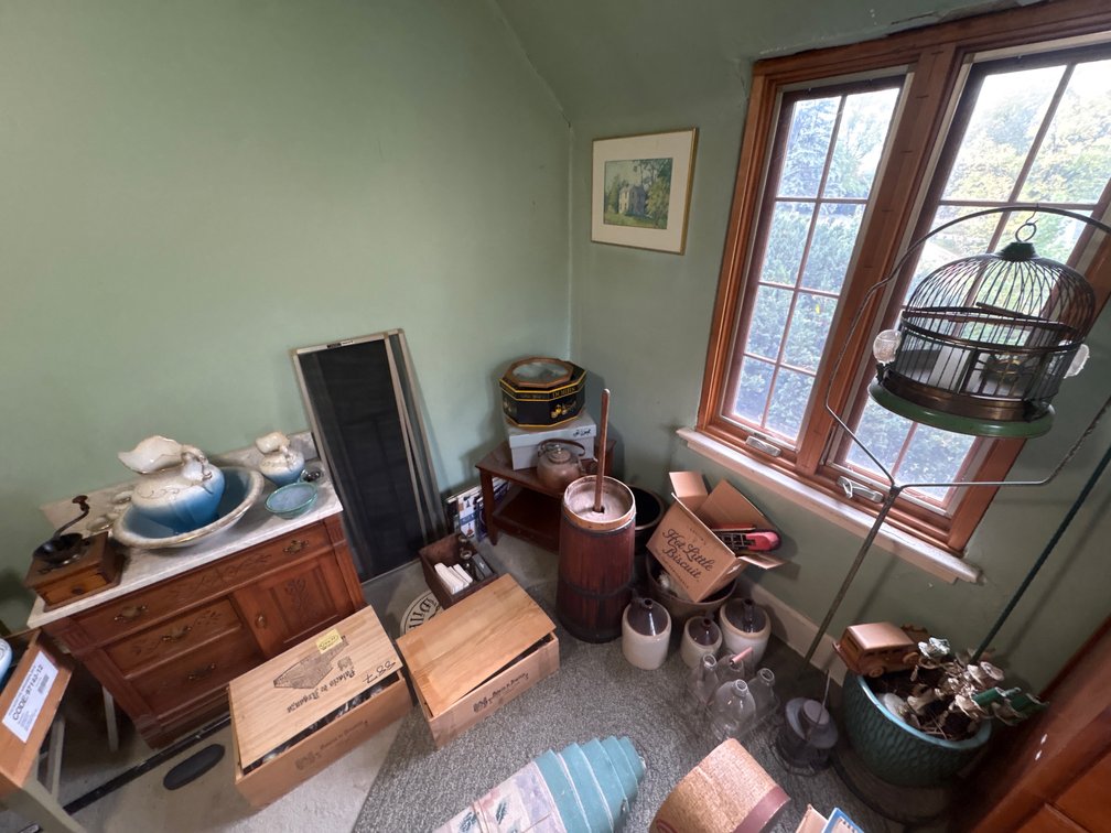 Washstand, Butter Churn, Birdcage, Stoneware Jugs, and More