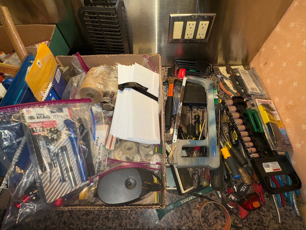 Socket Set, Hand Tools, Flashlights, and Household Supplies
