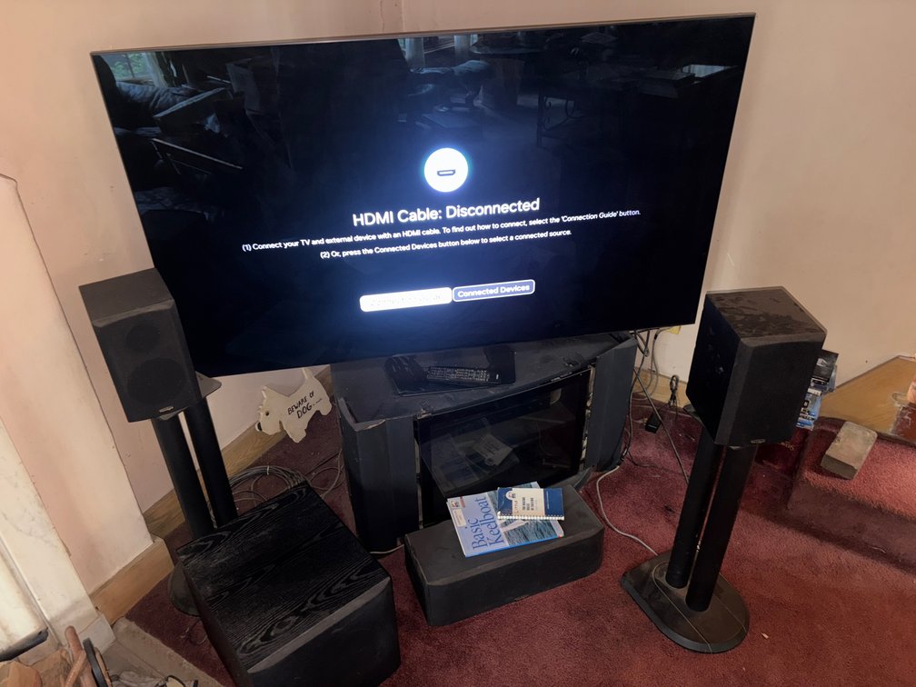 Television, Media Cabinet, Speakers, and Audio Components