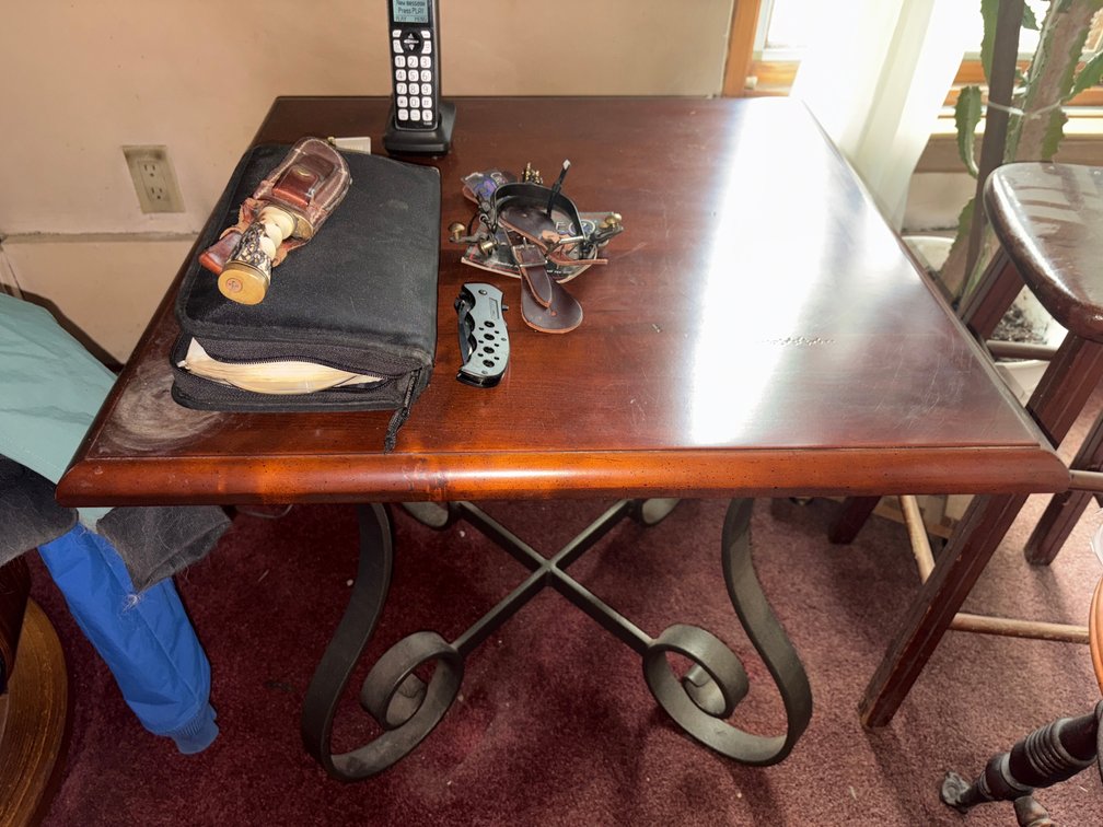 Wood-Top End Table, Western Spurs, Knives, and More