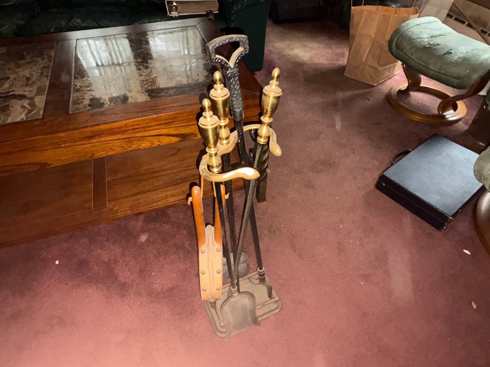 Wrought Iron and Brass Fireplace Tool Set with Bellows