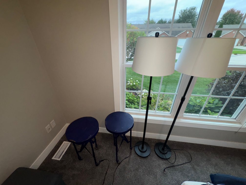 Black Adjustable Floor Lamps and Purple Stools on Casters