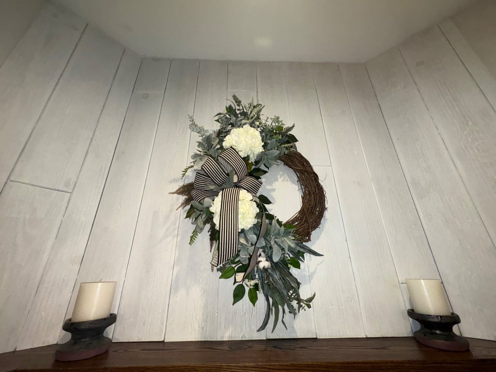 Floral Grapevine Wreath and Pillar Candle in Pedestal Holder